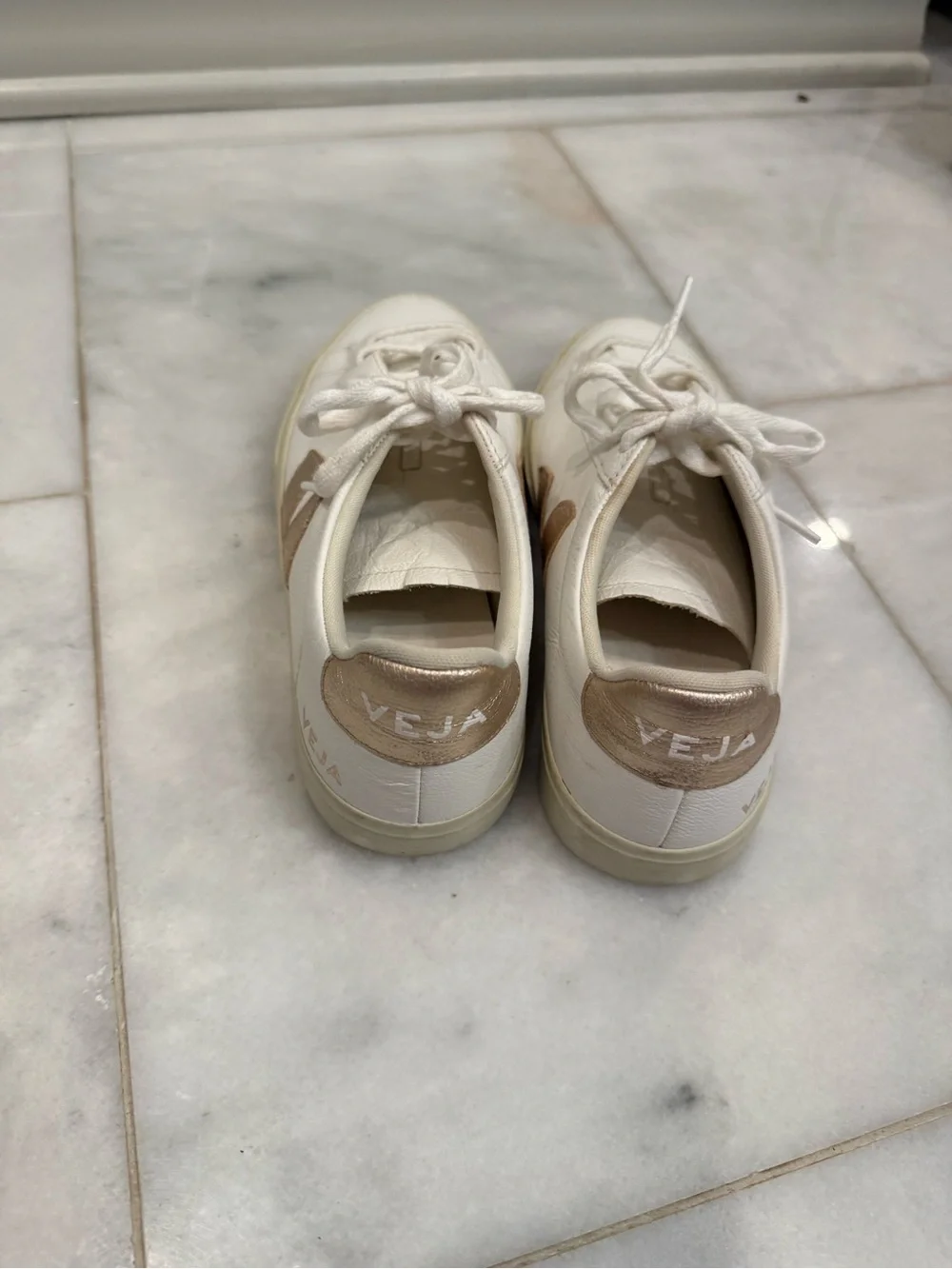 Veja White Leather Campo Sneakers with Gold V Logo. - Picture 5 of 5